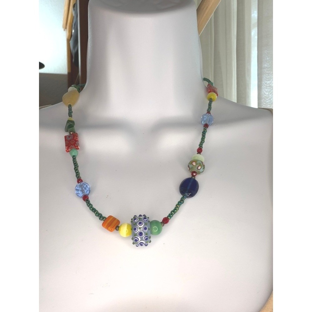 Beaded Necklace Women Multicolor Millefiori Glass Stone Eclectic